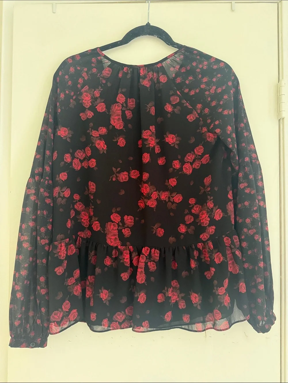 Michael Kors Black Blouse with Red Floral Print and Tie Neck size XS